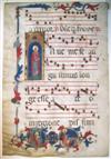 MANUSCRIPT LEAF ST. AUGUSTINE. Vellum leaf from Latin antiphonary with historiated initial I. Bologna, 14th ct.